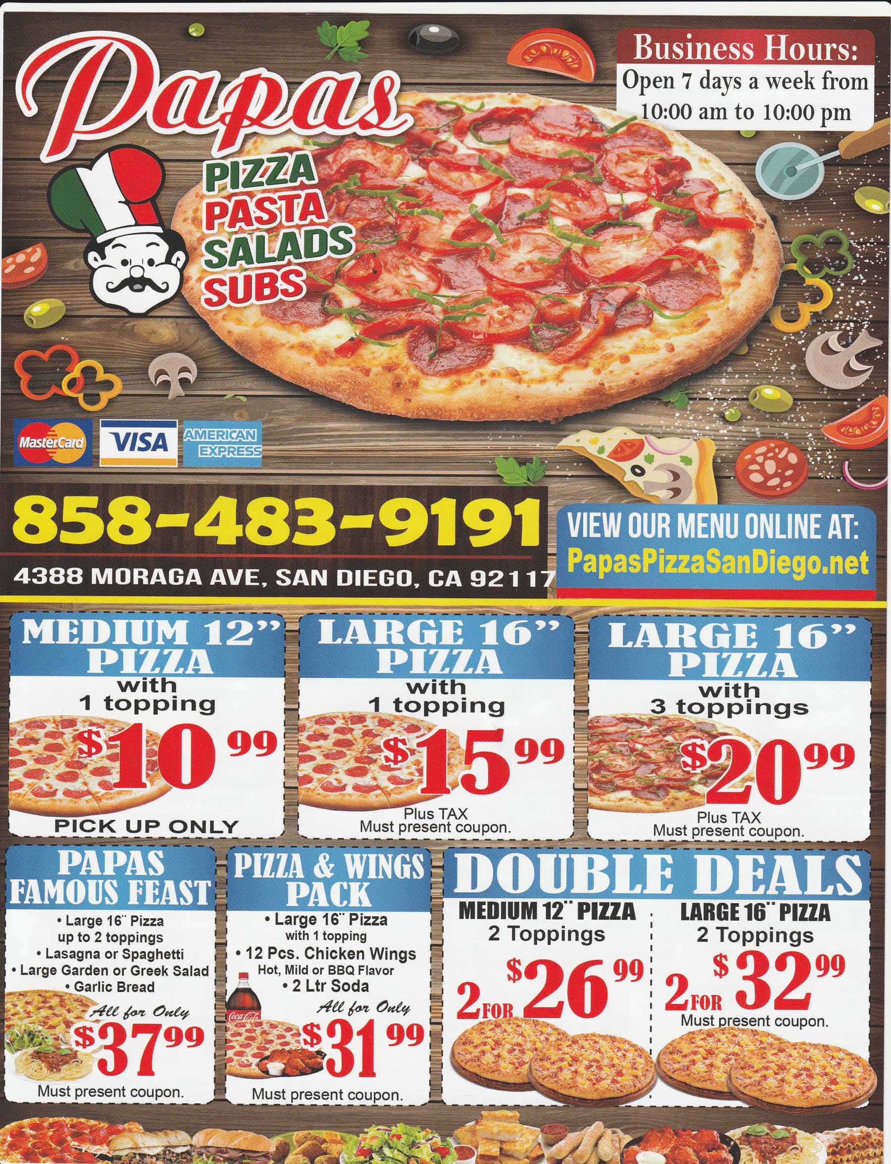 Papa's Pizza Delivery Menu, Order Online, 4388 Moraga Ave San Diego